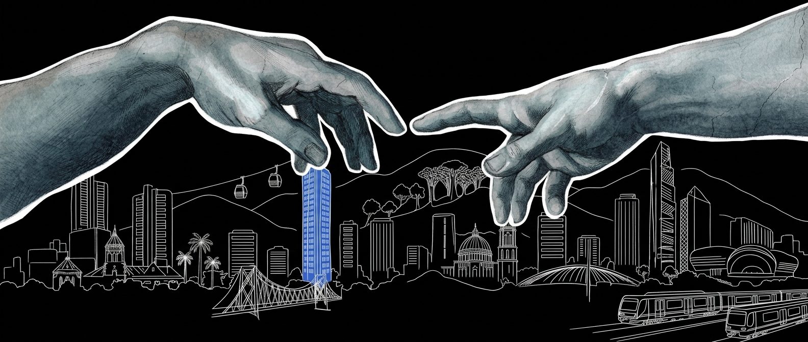 Dos manos que se acercan sobre una ilustración del skyline de Medellín, representando el Match correcto entre estrategia y marca